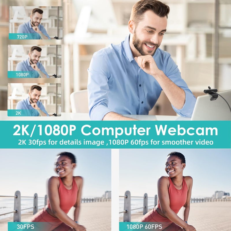 SAYAS كاميرا ويب 2K مع ميكروفون، كاميرا بث FHD بزاوية رؤية 78° مع 2K/30fps، 1080P/60fps، غطاء خصوصية، كاميرا ويب USB قابلة للتوصيل والتشغيل، تركيز تلقائي، كاميرا ويب للكمبيوتر، كاميرا ويب للابتوب، ماك، زووم - Image 2